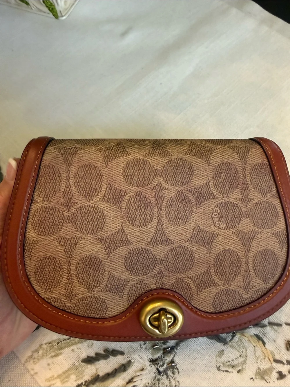 Coach Small Signature Crossbody in Tan and Brown with Gold Chain